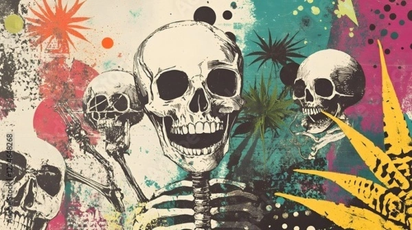 Fototapeta Vibrant Skull and Skeleton Abstract Background with Grunge Texture and Psychedelic Colors