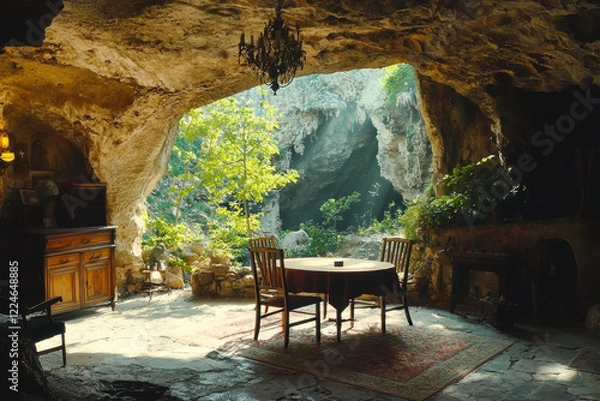 Fototapeta Sunlit cave dining area with wooden furniture and a warm ambiance