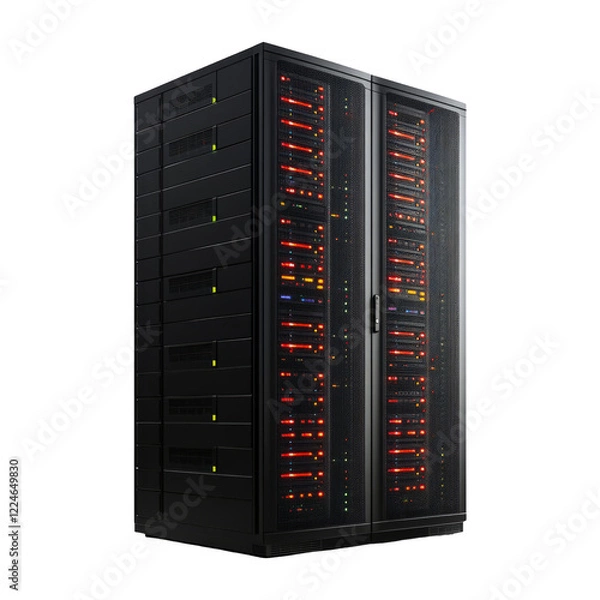 Obraz High-tech server rack with illuminated components on a transparent background
