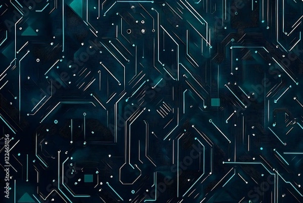 Fototapeta Abstract close-up of a glowing blue digital circuit board, showcasing intricate connections and technological design on a black background.
