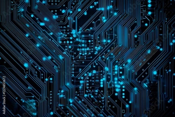 Fototapeta Abstract close-up of a glowing blue digital circuit board, showcasing intricate connections and technological design on a black background.
