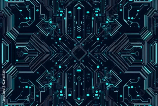 Fototapeta Abstract close-up of a glowing blue digital circuit board, showcasing intricate connections and technological design on a black background.
