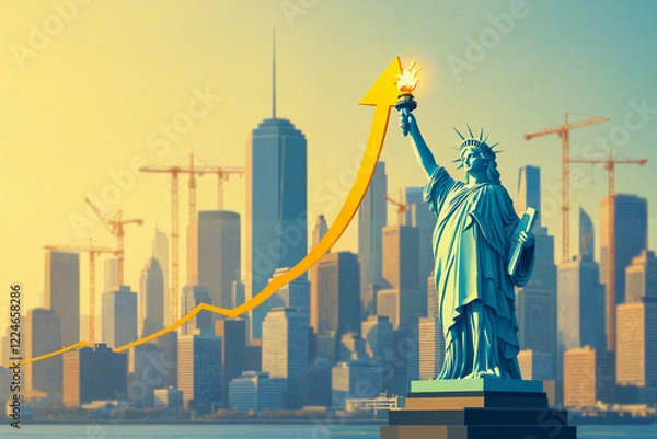 Obraz Statue of Liberty vor moderner Skyline: Symbol für Wirtschaftswachstum und Hoffnung in den USA