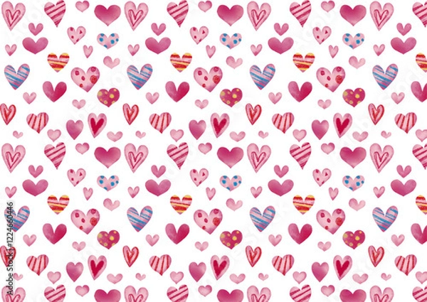 Fototapeta 水彩風　ピンクな手描きハートパターン