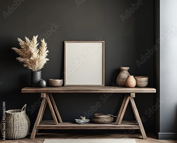 Fototapeta A minimalist home office design with a black wall featuring a blank canvas mockup, a warm wooden console table below adorned with stylish decor pieces, and a clean, modern vibe