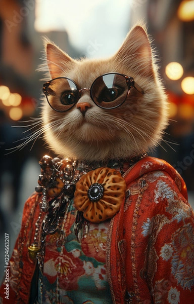 Fototapeta A stylish and adorable cat dressed in an elegant carnival costume, wearing trendy sunglasses and a floral-patterned outfit with decorative buttons and a bow, soft fur texture, vibrant colors