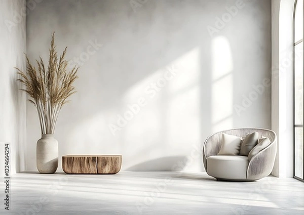 Fototapeta A minimalist interior with a white gray concrete wall and floor, offering simplicity and a modern look