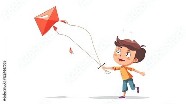 Obraz A cartoon boy flies a kite.