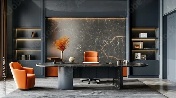 Fototapeta Modern office with orange accents, marble wall, black desk, and well-organized shelves, creating sophistication