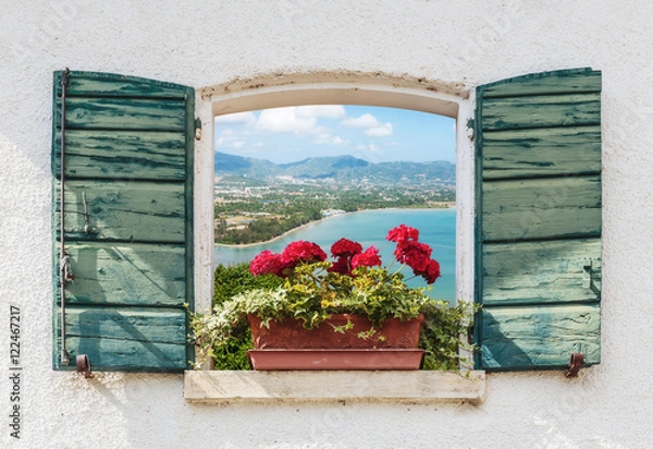 Obraz Sea view through the open window with flowers