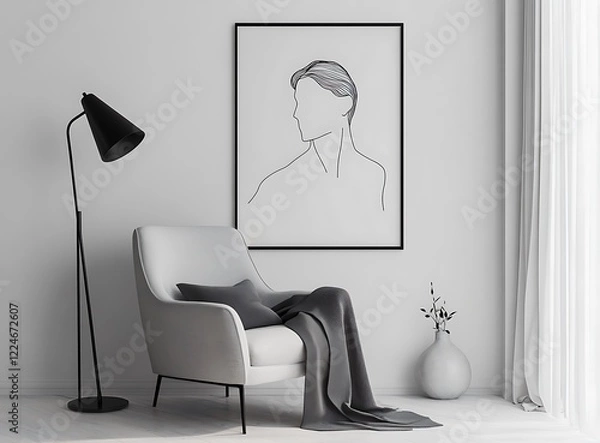 Fototapeta A minimalistic Scandinavian living room with an elegant armchair, black lamp, and a poster of a big line art portrait of a man on the white wall