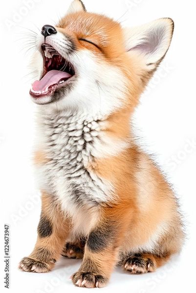 Fototapeta A cute, fluffy fox cub yawning with its mouth open, showcasing its playful and curious personality against a white background.