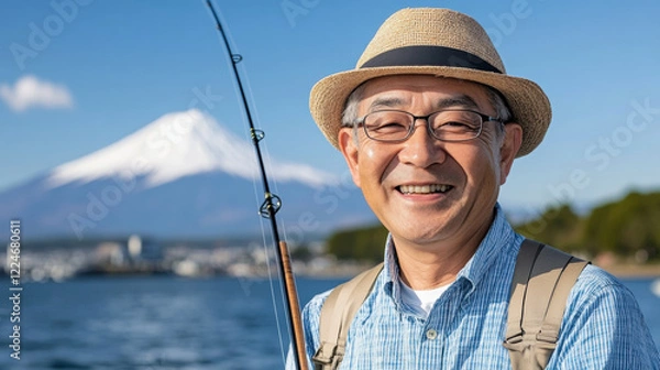 Fototapeta Happy man fishing by lake with Mount Fuji in background, enjoying nature