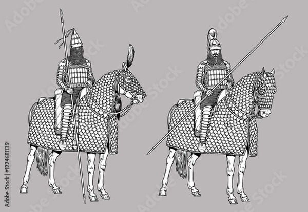 Fototapeta Handmade historical drawing with the Parthian heavily armed horsemen. Armoured heavy cavalry - Parthian Cataphract.	