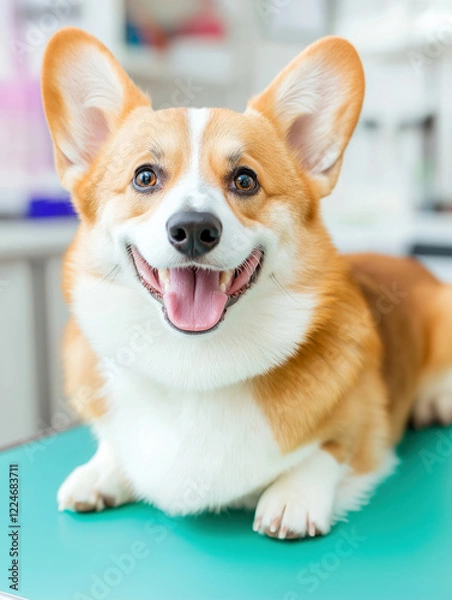 Fototapeta Cute pembroke welsh corgi smiling at veterinary clinic. Adorable corgi resting on examination table, enjoying a visit to the vet