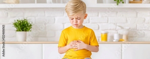Fototapeta A young boy in a yellow shirt holds his stomach, looking distressed in a bright kitchen setting.