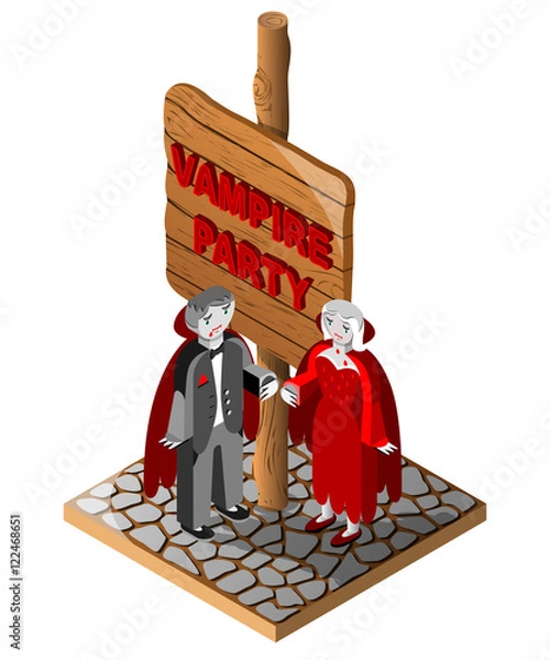 Fototapeta Wooden sign, vampire man and wooman.  Vampire party text. Vector illustration. 3D Isometric view. 