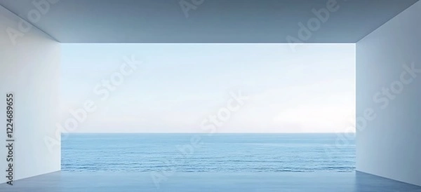 Fototapeta Abstract white wall background of a modern luxury villa interior with a panoramic window showing a beautiful sea view, an empty room for product presentation in minimalistic style