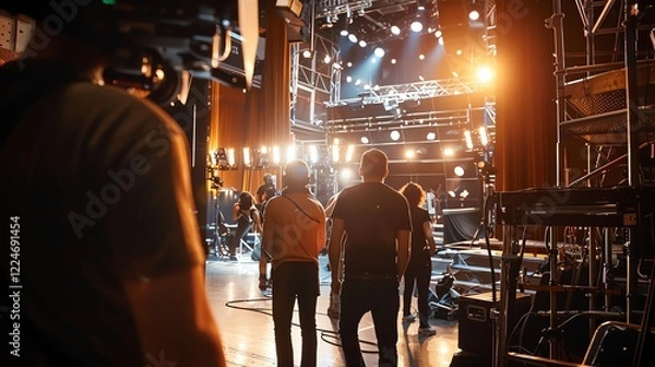 Fototapeta A cameraman films a group of people setting up a stage for a performance.