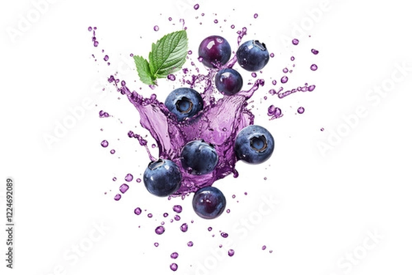 Fototapeta Fresh blueberries with splashing purple juice and green leaf isolated on white or transparent, PNG