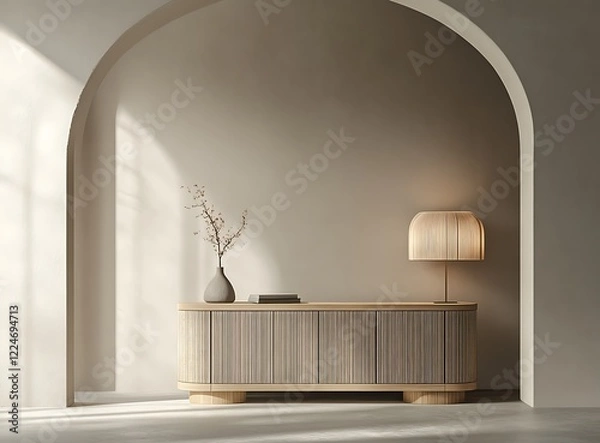 Fototapeta An empty light gray wall in an interior mockup with a sleek sideboard and a modern lamp, 