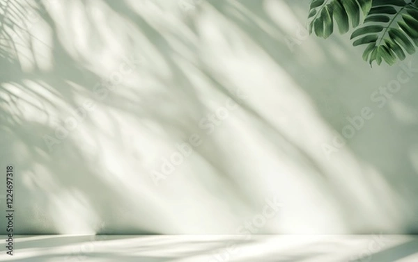 Fototapeta Minimalist green wall with leaf shadows and sunlight creating a calm and natural background scene