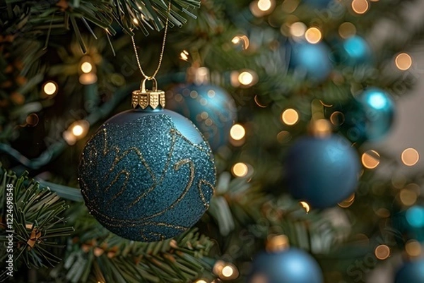 Fototapeta Blue bauble-decorated Christmas tree with twinkling lights in abstract bokeh backdrop captured in a close-up night shot