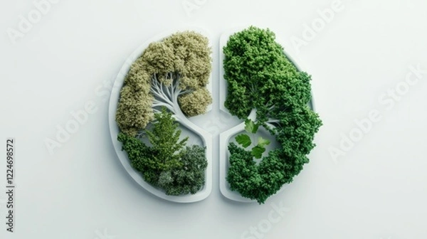 Fototapeta carbon footprint and measurement concept. Green foliage split into two contrasting sections on a light background.