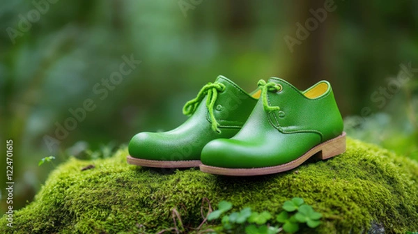 Fototapeta Close-up of green leprechaun shoes on mossy forest surface for st. patrick's day design