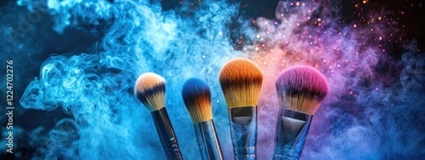 Fototapeta Different makeup brushes on a shiny background. Selective focus.