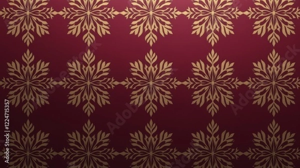 Fototapeta Elegant Gold Snowflake Pattern on Burgundy Background