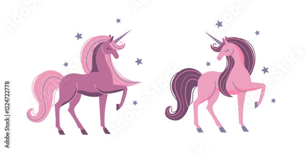 Obraz Flat-style illustration of two elegant unicorns with flowing manes and tails, surrounded by stars. Perfect for fantasy themes, children's products, magical stories, and whimsical designs.