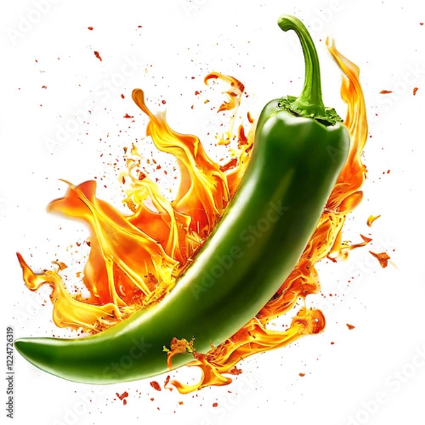 Fototapeta Hot green pepper on fire. a mockup for design.