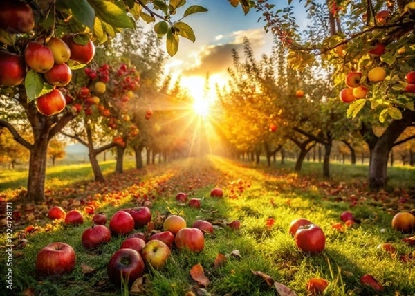 Fototapeta Lush Autumn Orchard: Red Apples Hanging on Branches