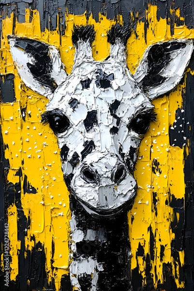 Fototapeta A colorful, artistic portrayal of a giraffe's head against a vibrant yellow and black background, showcasing a textured design.