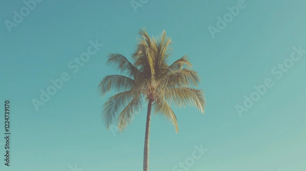 Fototapeta Palm Tree Silhouette: A solitary palm tree stands tall against a vibrant blue sky, its silhouette bathed in a soft, nostalgic light. Its leaves sway gently in the breeze.