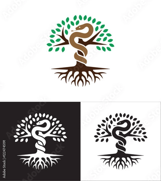 Fototapeta Black and White Tree Symbol with Serpent, Roots, and Branches, Representing Global Environmental Sustainability, Set Against a Clean White Background with a Touch of Color