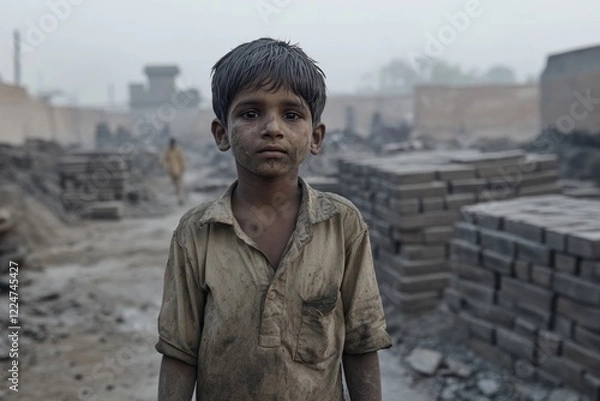 Fototapeta Indian boy with dirty hands and clothes works in a brick factory, around a gray landscape and piles of bricks. Concept: third world countries, child labor, Exploitation and Oppression