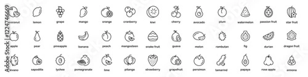 Fototapeta Fruits Stroke icon collections. Fruits - thin line web icon set. Outline icons collection. Simple vector illustration. Strawberry, peach, apple, raspberry, pear, banana, orange