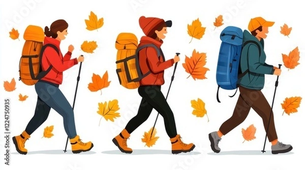 Fototapeta Three hikers walk among autumn leaves.