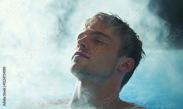 Fototapeta Nordic Blond Man Relaxing in Steam-Filled Sauna, Tranquil Wellness Retreat, Male Leisure Activity, Spa Experience, Rejuvenation and Relaxation Concept, Generative AI