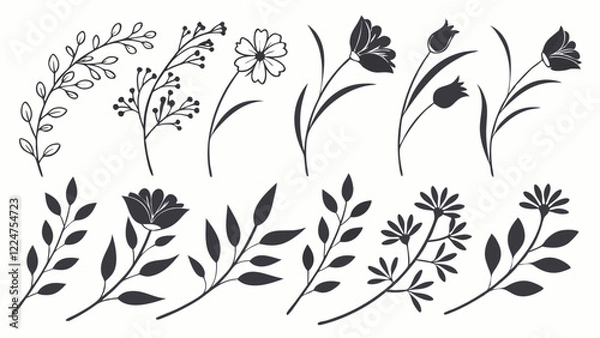 Fototapeta Wild Flower Silhouette Vector, lower Silhouette Vector, Leaf Elements Vector, Black and White Flowers