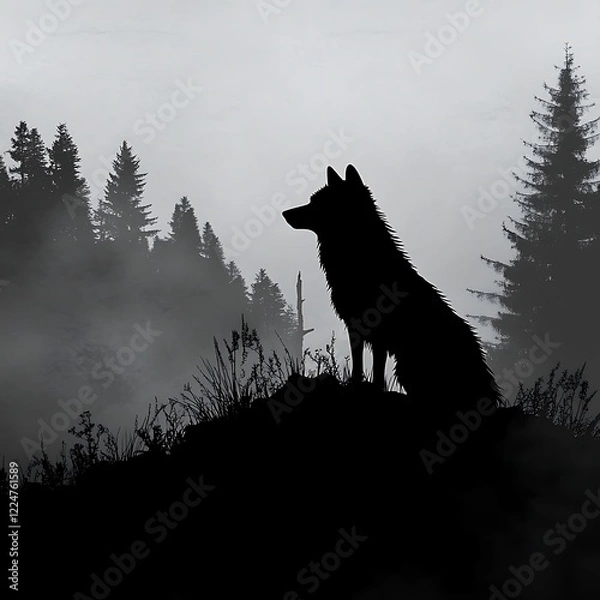 Fototapeta Majestic wolf standing snowy mountain surrounded scenic peaks glowing brightly under serene soft colorful sunset sky