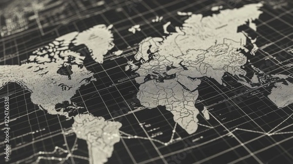 Obraz World map with grid overlay, sepia toned.