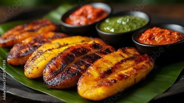 Fototapeta Colorful Fried Plantains Presented on Banana Leaf with a Variety of Dipping Sauces