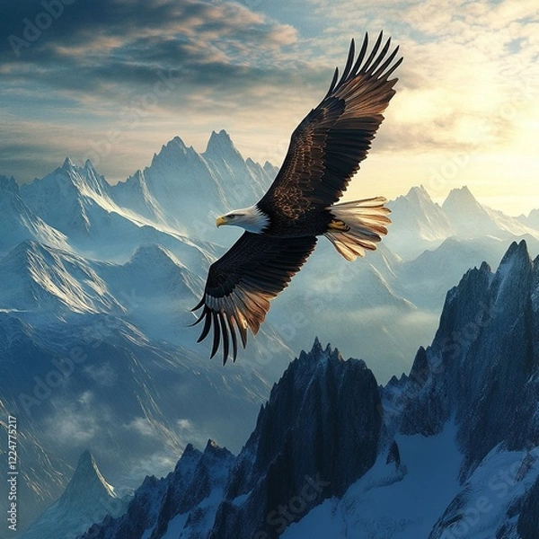 Fototapeta Majestic bald eagle soaring over snow-capped mountains at sunrise.