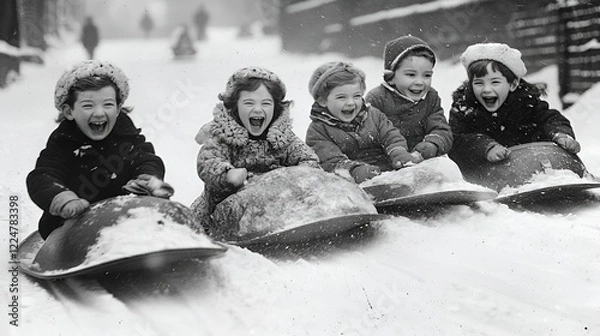 Obraz Joyful children sledding down snowy street, winter fun