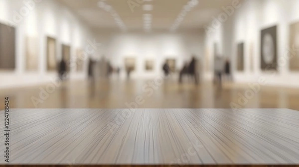 Fototapeta Empty Wooden Tabletop in Blurred Art Gallery Background