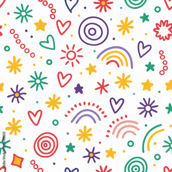 Fototapeta Colorful doodle pattern with hearts, stars, flowers, rainbows, and circles on white background.