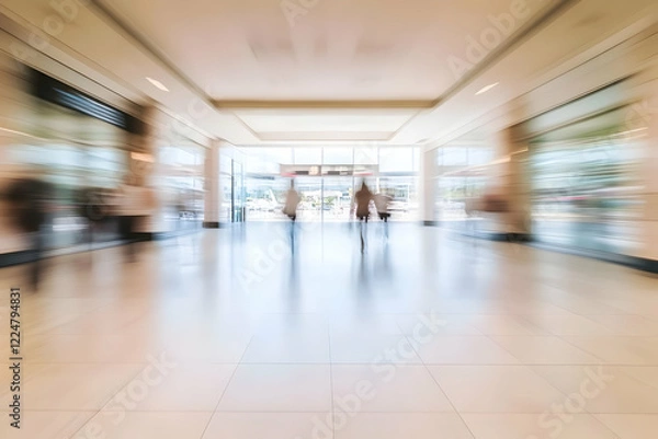 Fototapeta Blurred Motion of People Walking in a Bright Shopping Mall with Shops and Large Windows.